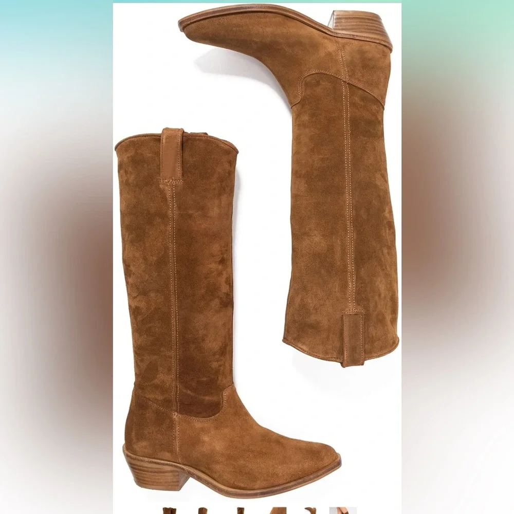 Low Stacked Slouchy Knee High Western Boots Pointed Square Toe Velvet Suede 1.5